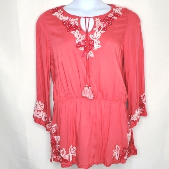 Soft Surroundings Floral Embroidered Tunic Size M Beaded Tassel Tie Top Beach - Picture 12 of 12